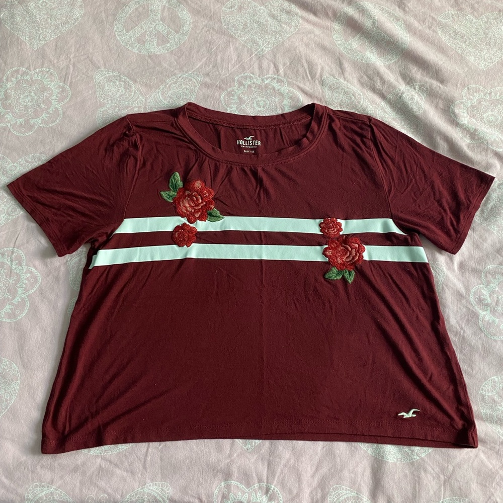 Red Embroidered Rose Hollister T-Shirt